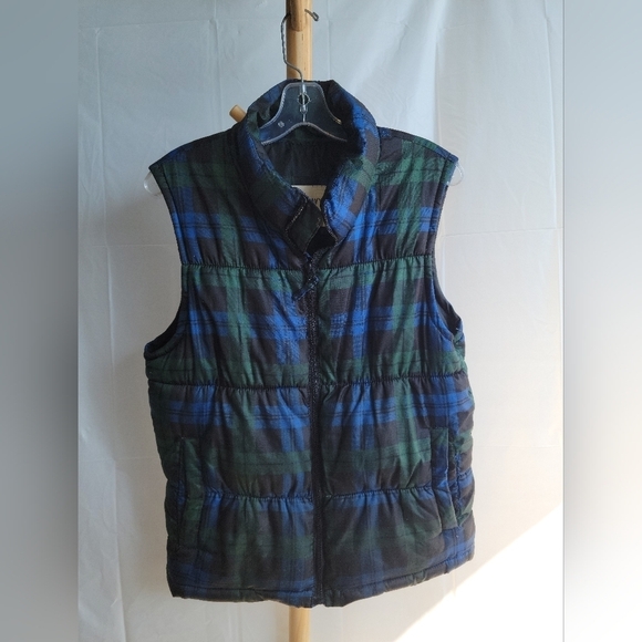 Mens Old Navy Plaid Puffer  Green Black Blue Vest Small - Picture 2 of 7